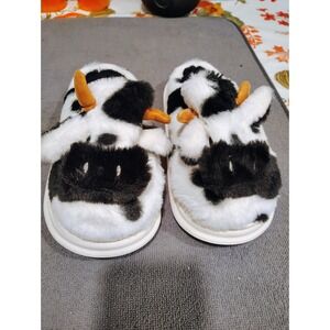 Plush Cow Print Animal Slippers Black White Faux Fur House Shoes EU 38-39